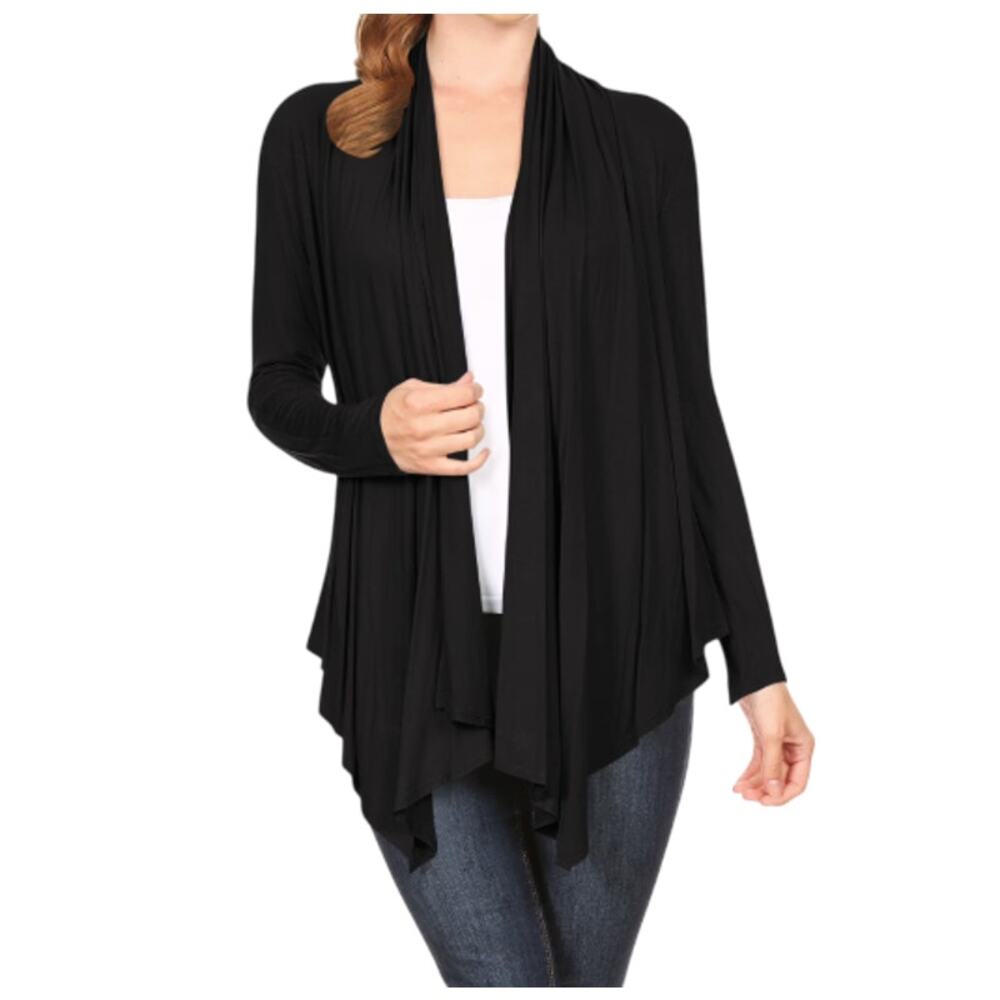 EILEEN FISHER Open Front Draped Wrap Knit Cardigan Sz M Black Retro Made in USA